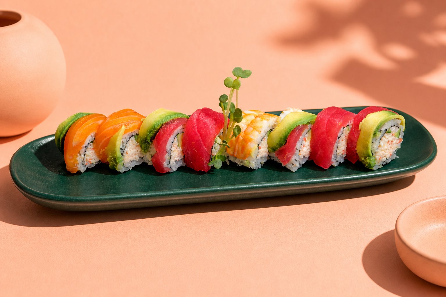 Twelve-piece rainbow roll on a long deep-emerald plate, hard noon light on peach — the roll you will order twice.